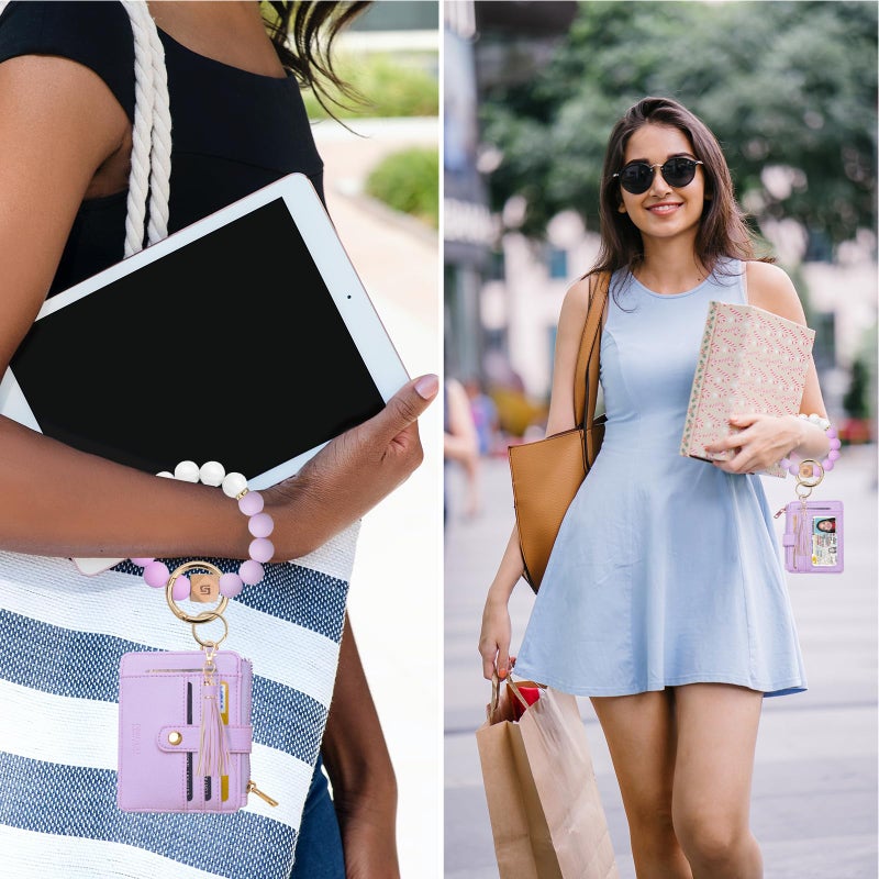 COOLANS Wristlet Bracelet Keychain Pocket Credit Card Holder Purse Tassel Keychain Bangle Key Ring for Women (Silicone Bead Bracelet+Card Purse (Light purple)) - Image 3